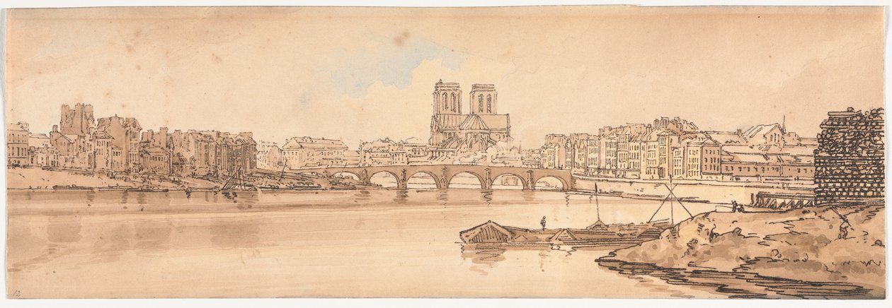 Et utvalg av tjue av de mest pittoreske utsiktene i Paris: Utsikt over Pont de la Tournelle og Notre Dame tatt fra Arsenal av Thomas Girtin