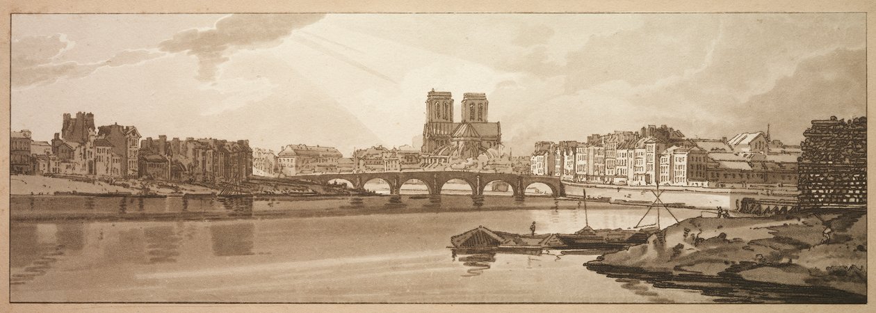 Et utvalg av tjue av de mest pittoreske utsiktene i Paris: Utsikt over Pont de la Tournelle og Notre Dame tatt fra Arsenal av Thomas Girtin