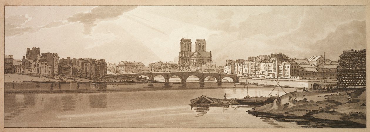 Et utvalg av tjue av de mest pittoreske utsiktene i Paris: Utsikt over Pont de la Tournelle..., 1802. av Thomas Girtin