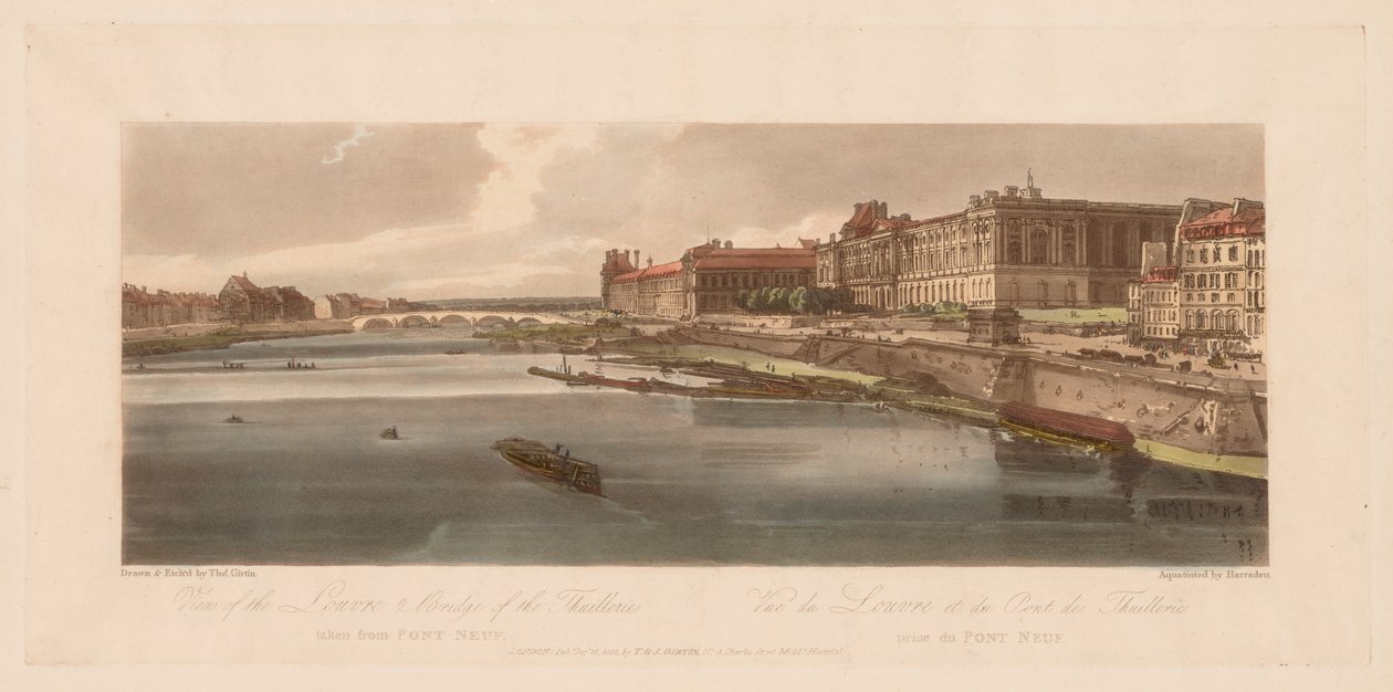 Et utvalg av tjue av de mest pittoreske utsiktene i Paris: Utsikt over Louvre og broen over Thuilleries tatt fra Pont Neuf av Thomas Girtin