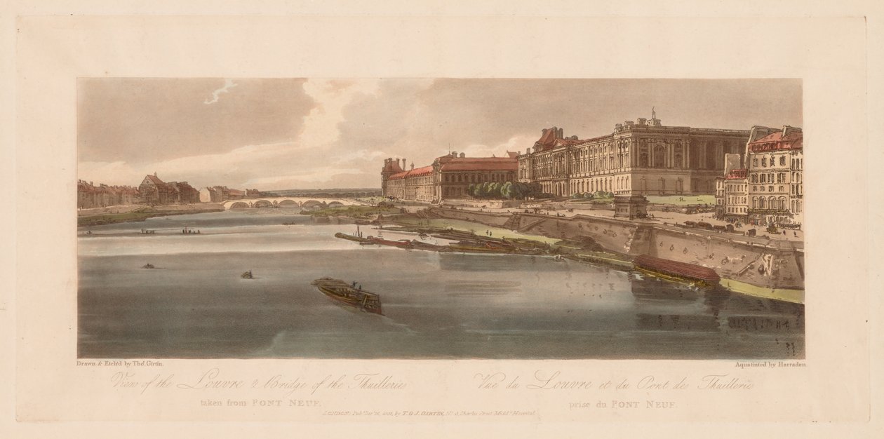 Et utvalg av tjue av de mest pittoreske utsiktene i Paris: Utsikt over Louvre og broen, 1802. av Thomas Girtin
