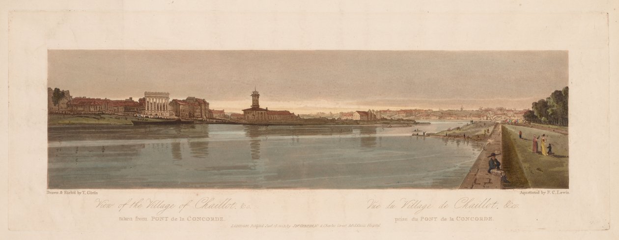 Et utvalg av tjue av de mest pittoreske utsiktene i Paris: Utsikt over landsbyen Chaillot, &c tatt fra Pont de la Concorde av Thomas Girtin