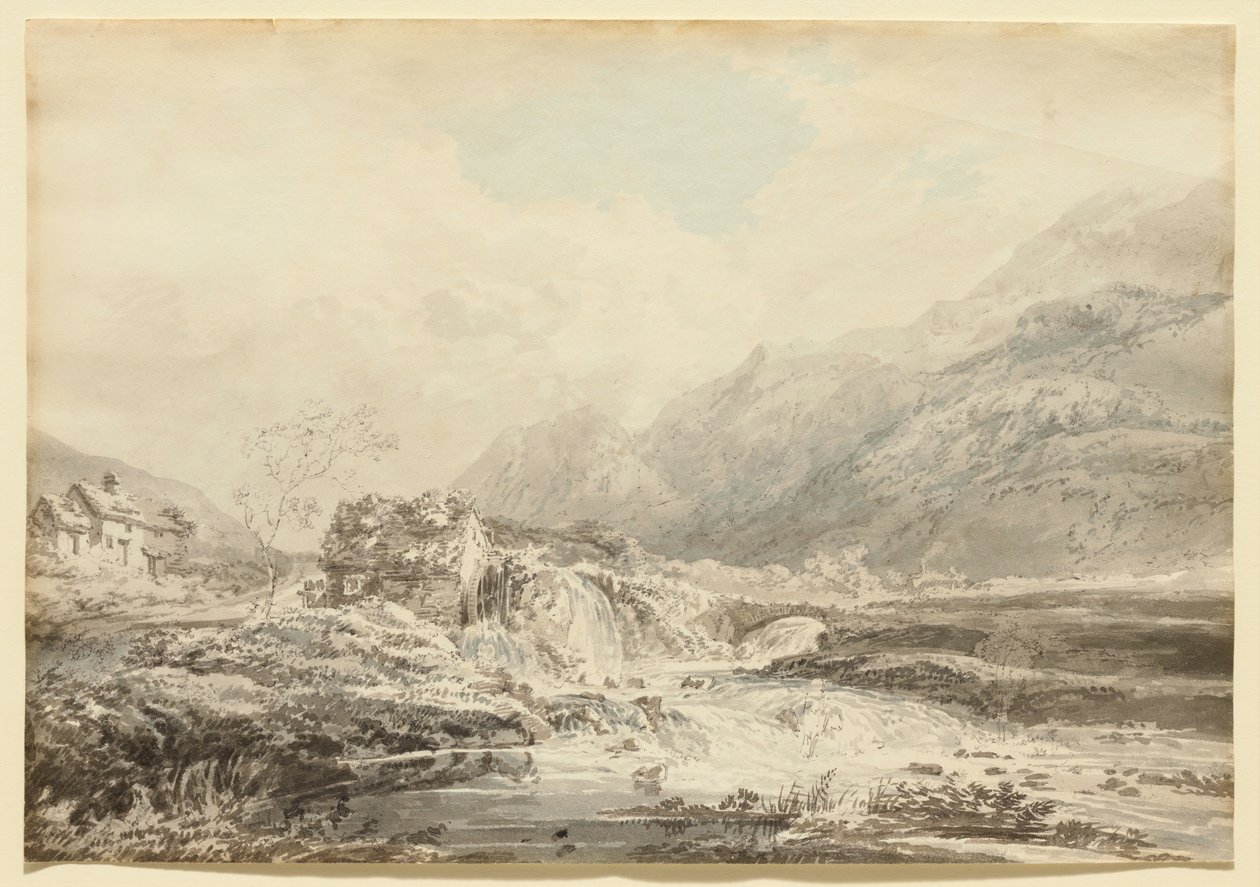 Fjellandskap med overfallsmølle og bro av Thomas Girtin