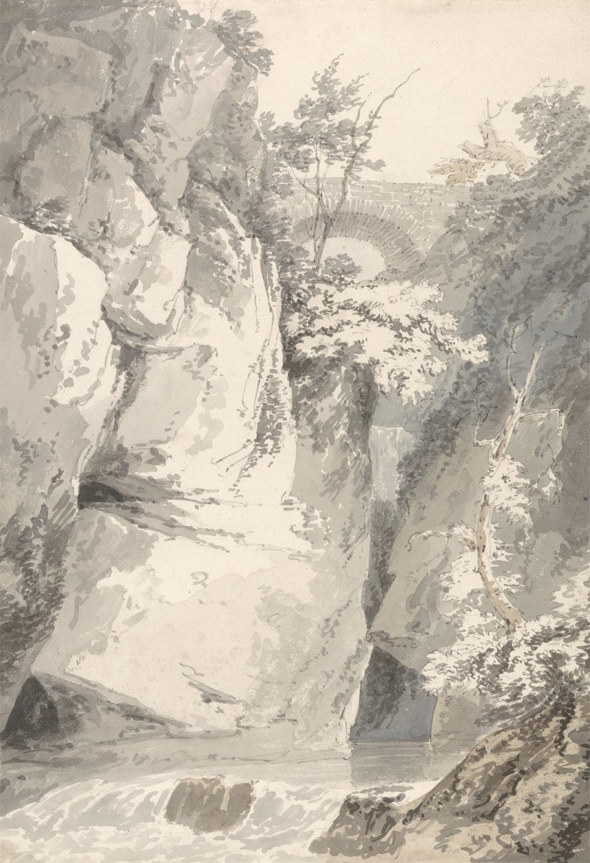 På bredden av Lago di Como, ca. 1796 (vask over grafitt på papir) av Thomas Girtin