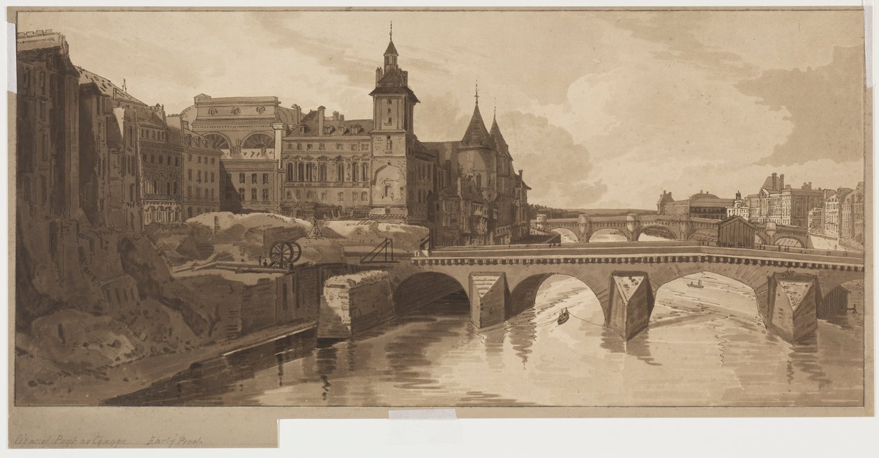 Utvalg av tjue av de mest pittoreske utsiktene i Paris: Utsikt over Pont au Change av Thomas Girtin