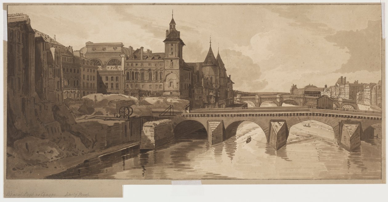 Utvalg av tjue av de mest pittoreske utsiktene i Paris: View of Pont au Change, 1802. av Thomas Girtin