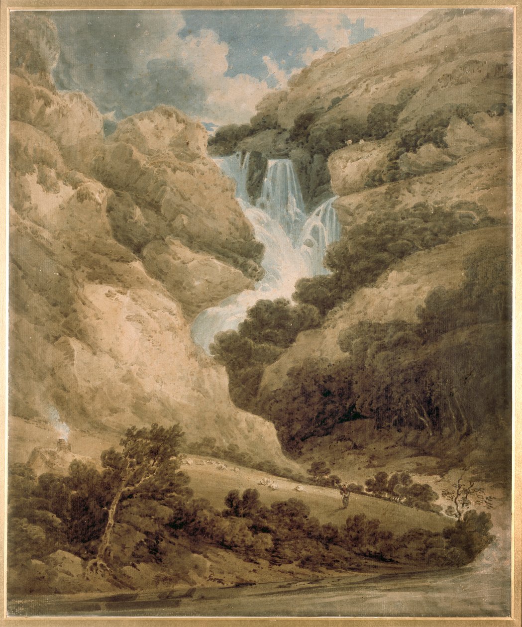 Gorge of Wathenlath med Falls of Lodore, Derwentwater, c1801 av Thomas Girtin