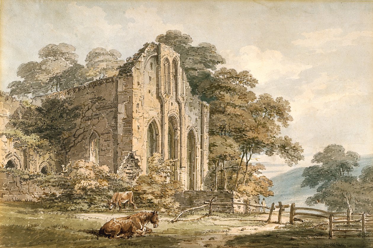 Valle Crucis Abbey, Denbighshire, Nord-Wales (akvarell over blyant på hvitt vevd papir) av Thomas Girtin
