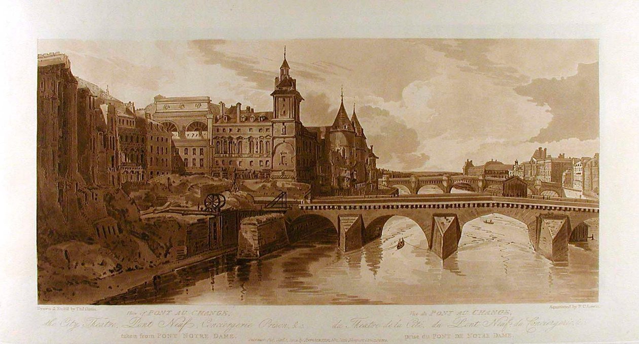 Utsikt over Pont au Change, byteateret, Pont Neuf, Conciergerie-fengselet osv., sett fra Pont Notre-Dame av Thomas Girtin