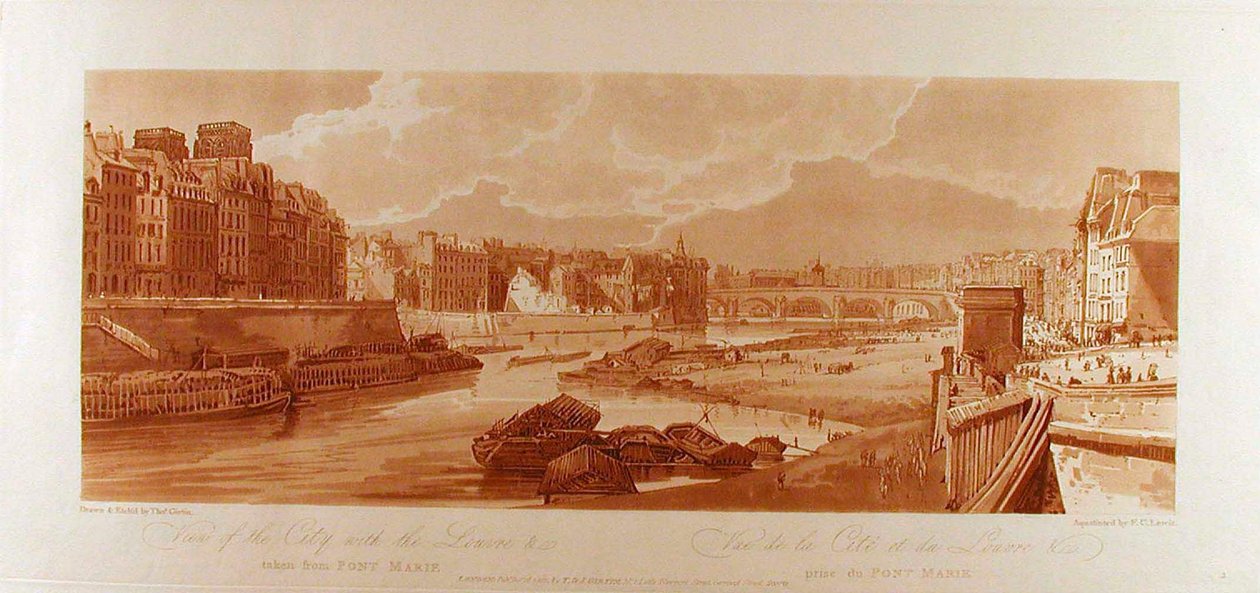 Ansicht der Stadt mit dem Louvre &c vom Pont-Marie aus gesehen av Thomas Girtin