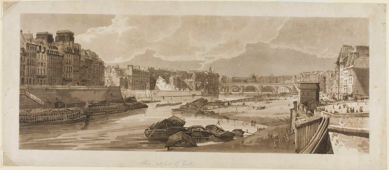 Utsikt over byen med Louvre, etc., hentet fra Pont Marie, fra et utvalg av tjue av de mest pittoreske utsiktene i Paris av Thomas Girtin