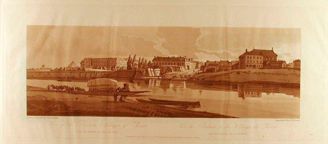 Ansicht des Palastes und Dorfes Choisi am Ufer der Seine av Thomas Girtin