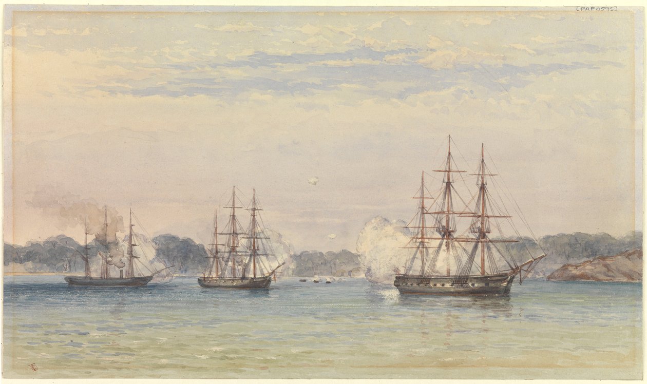 Kinakrigen 1857, tre av HM-skip bombarderer og skipets båter lander av Thomas Goldsworth Dutton