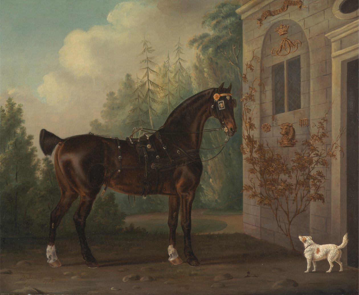 Lord Abergavennys Dark Bay vognhest med en terrier av Thomas Gooch