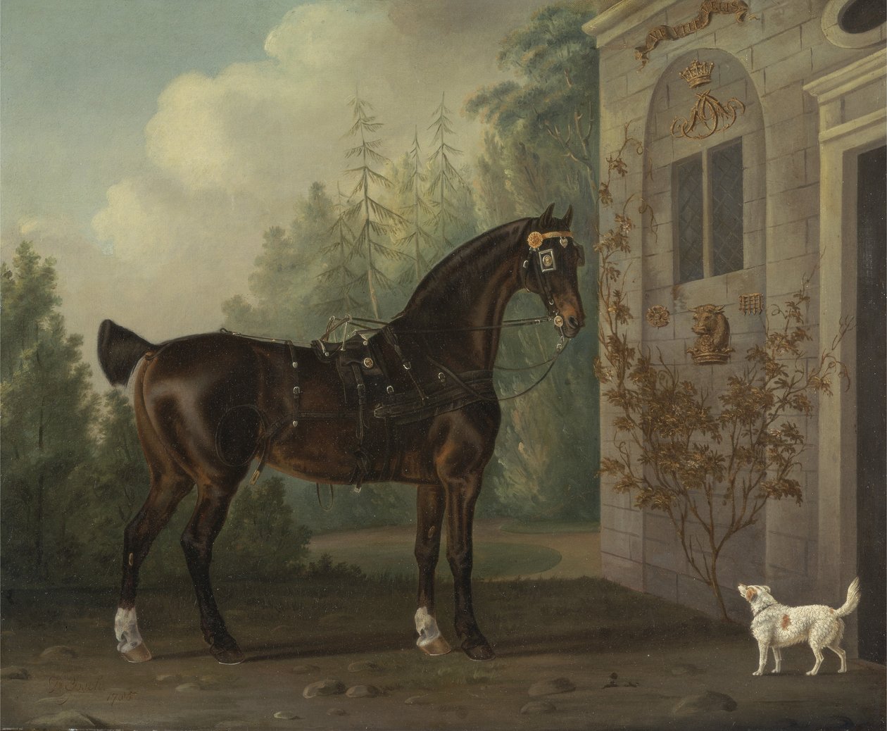 Lord Abergavennys Dark Bay vognhest med en terrier av Thomas Gooch