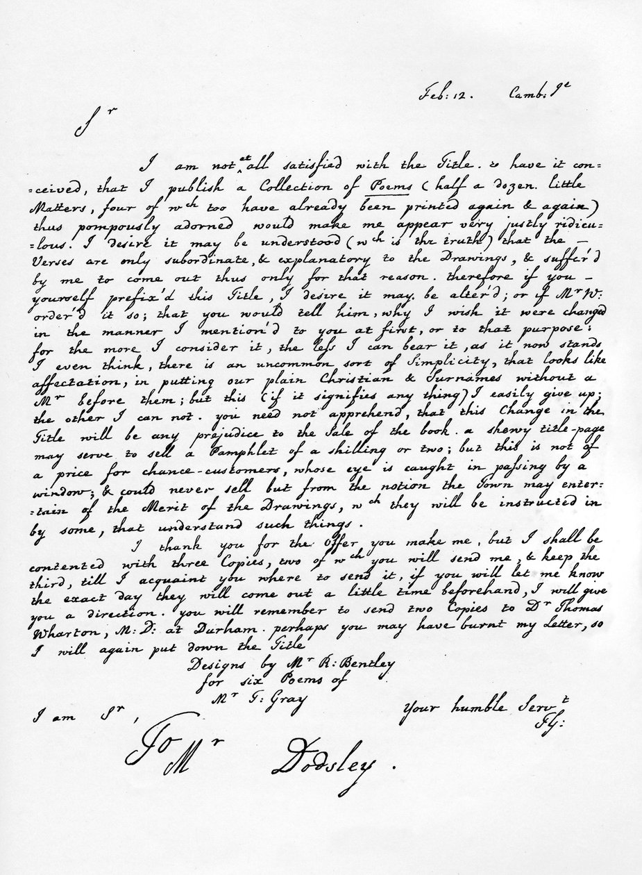 Brev fra Thomas Gray angående utgaven av hans poetiske stykker, c1753, 1840 av Thomas Gray