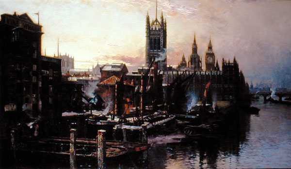Utsikt over Houses of Parliament fra Themsen, London (olje på lerret) av Thomas Greenhalgh