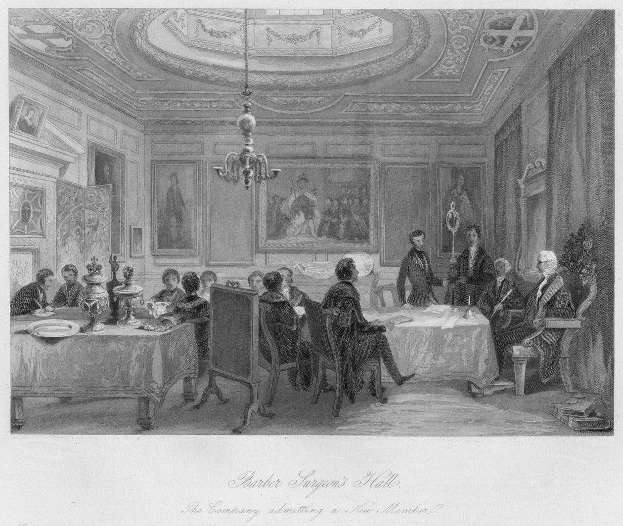 Frisørkirurgerhallen. Selskapet som tar opp et nytt medlem, c1841 av Thomas H. Ellis