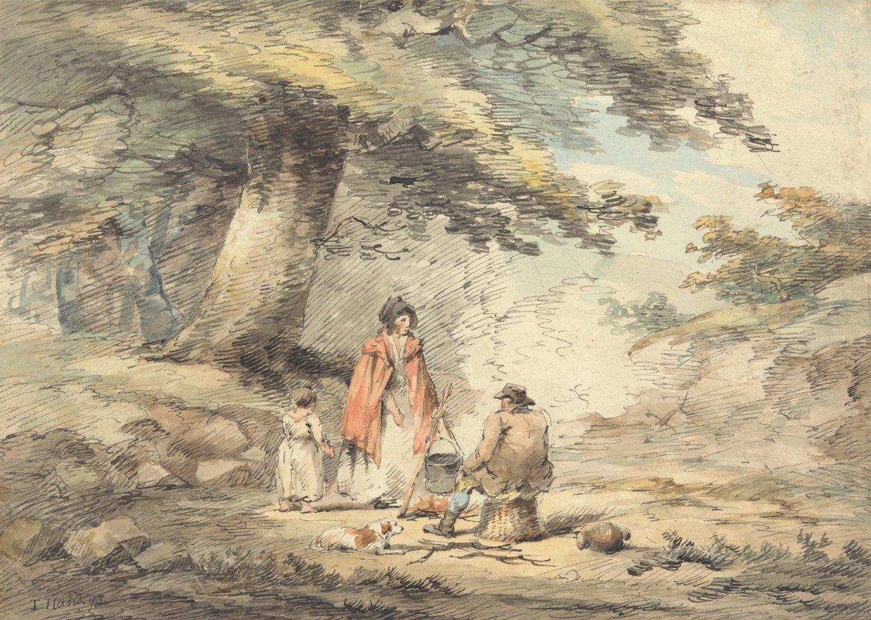 Skoglandskap med figurer rundt en kokekar av Thomas Hand