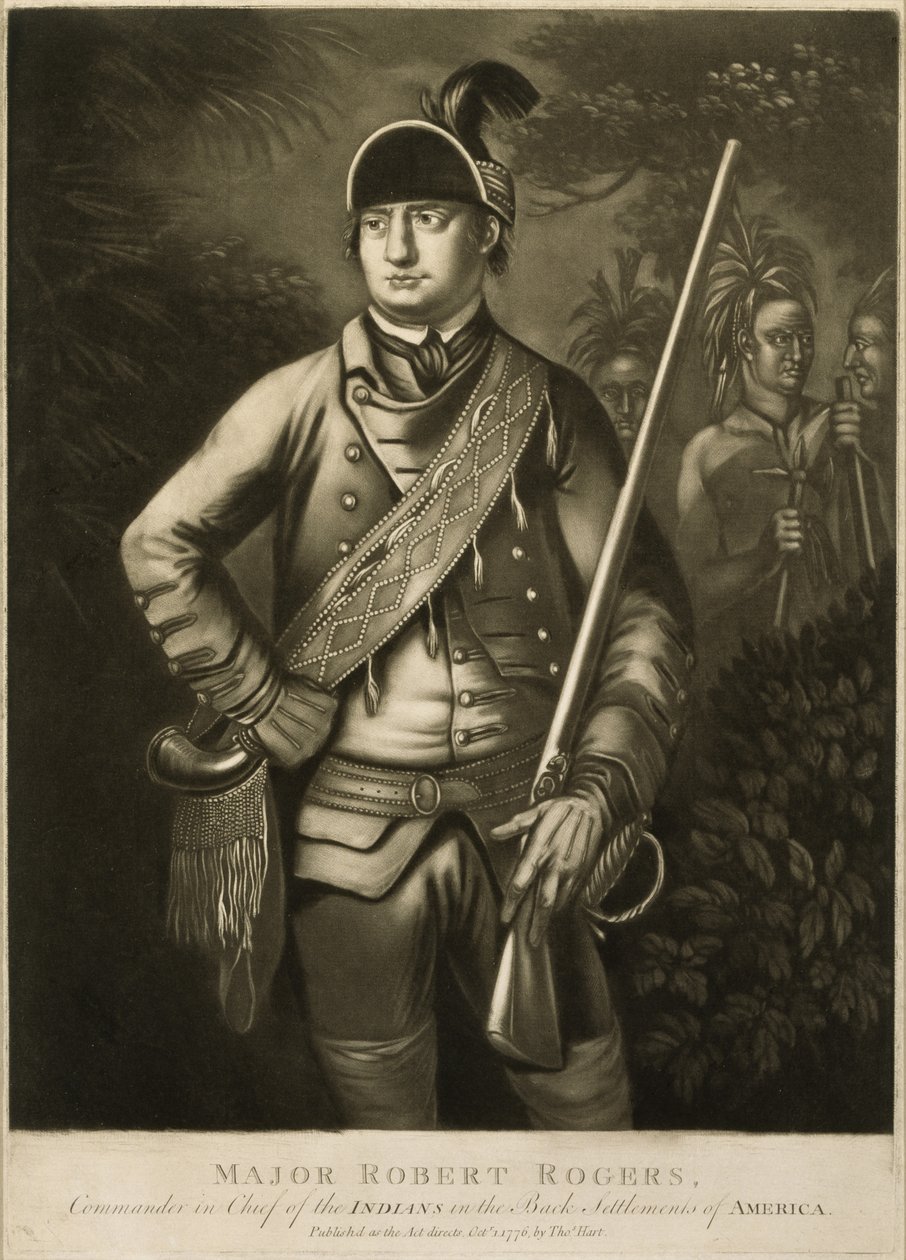 Major Robert Rogers, øverstkommanderende for indianerne i de bakre bosetningene i Amerika, ca. 1776 (mezzotint) av Thomas Hart