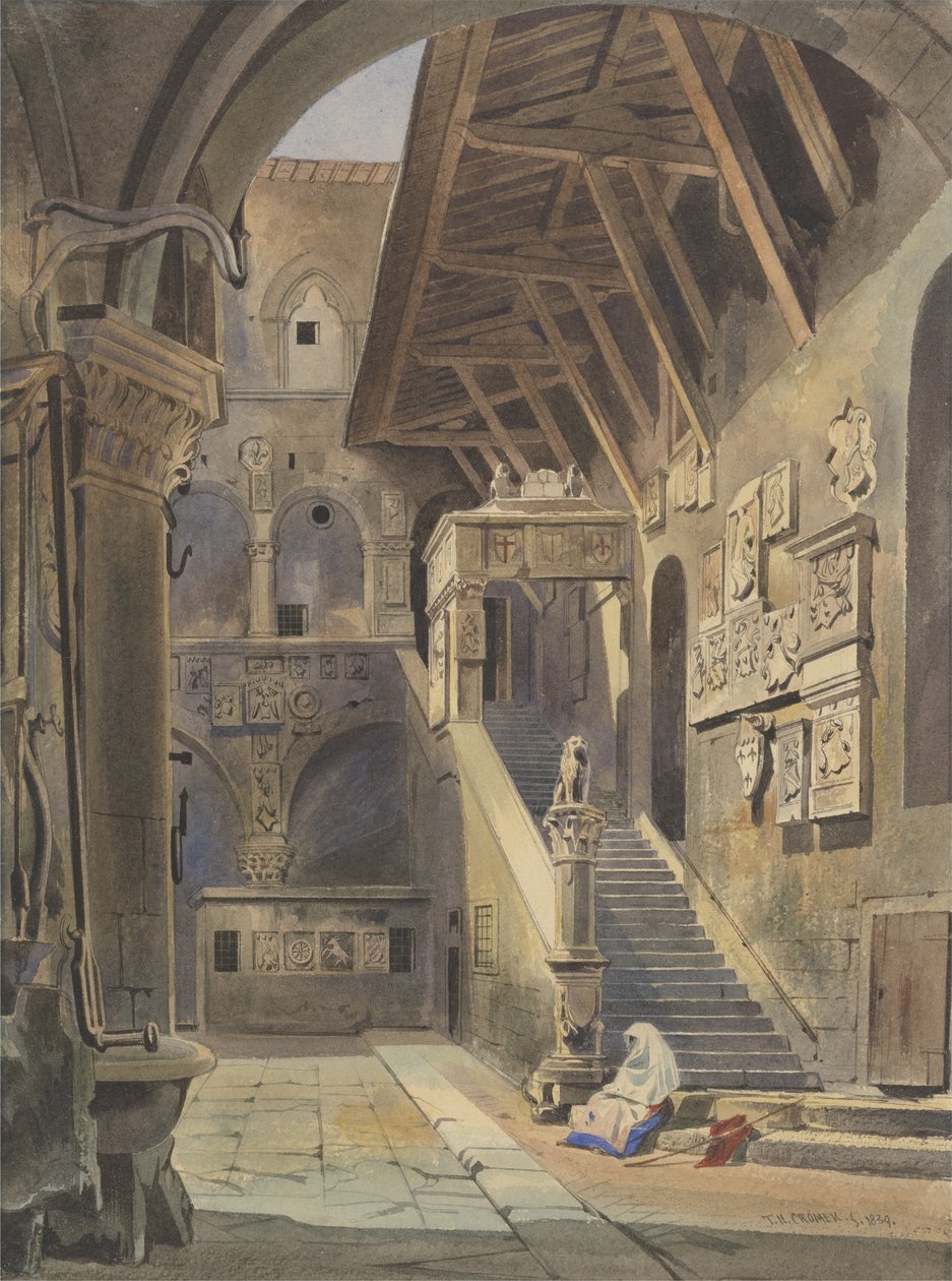 Court of the Bargello, Firenze, 1839 (wc med blekk og blyant på papir) av Thomas Hartley Cromek