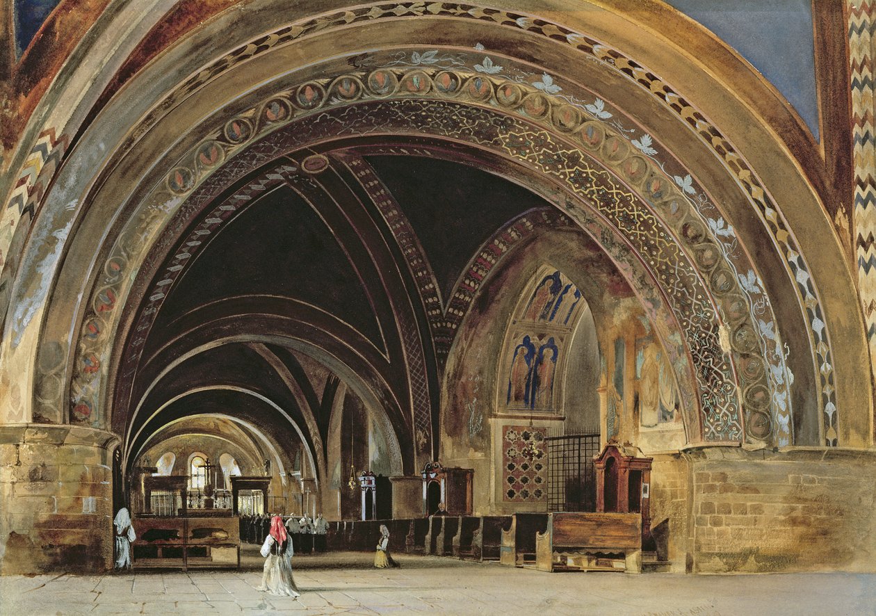 Interiøret i den nedre basilikaen St. Frans av Assisi, 1839 (wc und gouache med gummi arabicum) av Thomas Hartley Cromek