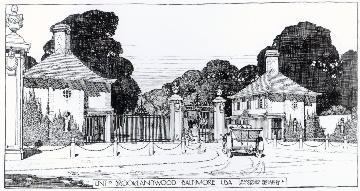 Inngang til Brooklandwood, Baltimore, USA, fra Thomas Mawsons "The Art and Craft of Garden Making" av Thomas Hayton Mawson