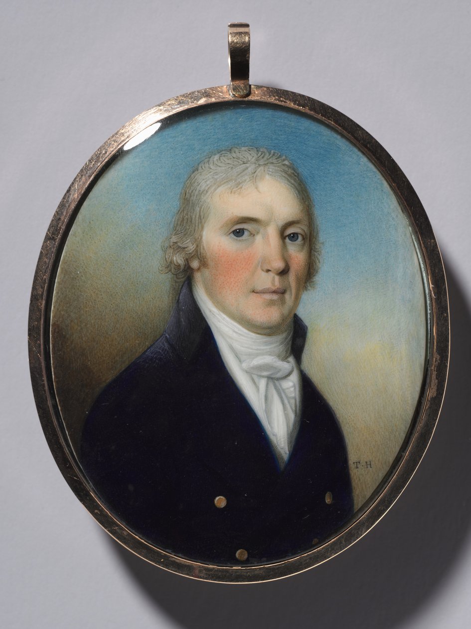 Miniatyrpar: Portrett av en mann og portrett av en kvinne som bærer en miniatyr, ca. 1780. av Thomas Hazlehurst