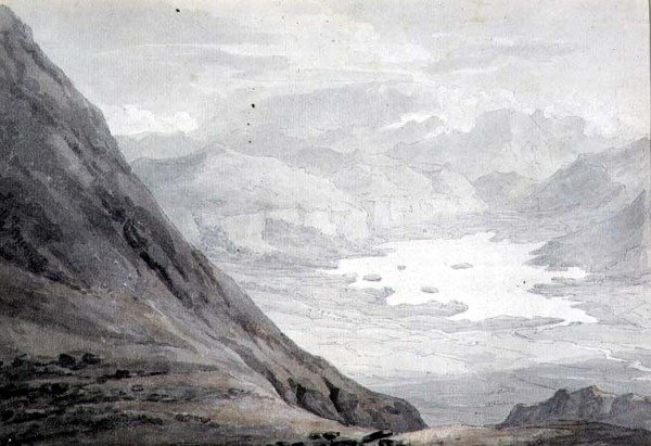 Derwentwater fra Skiddaw (blyant og akvarell på papir) av Thomas Hearne