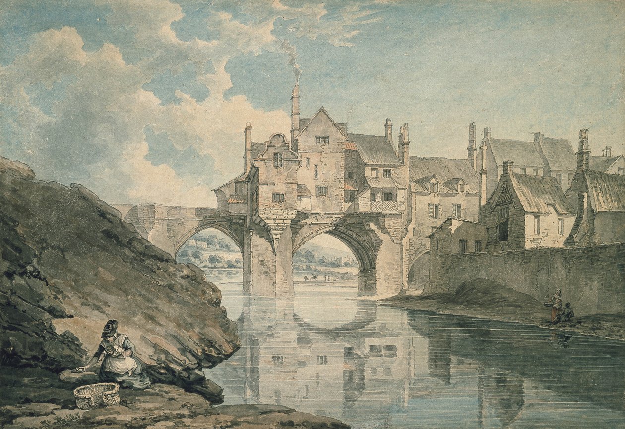 Elvet Bridge, Durham, 1700-tallet (wc og blyant på papir) av Thomas Hearne