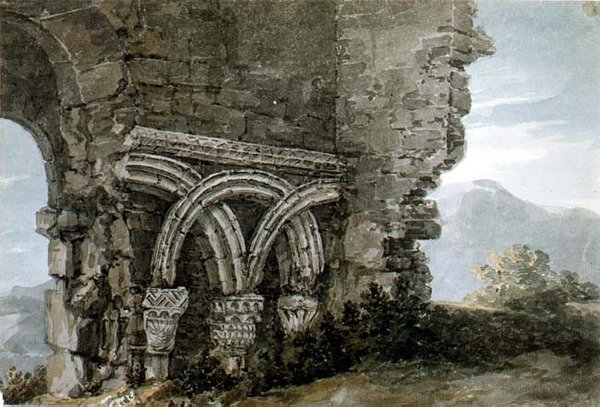 No.3204 Saksiske hovedsteder i veggene til kirken til Hospice of St. James, Dunwich, Suffolk av Thomas Hearne