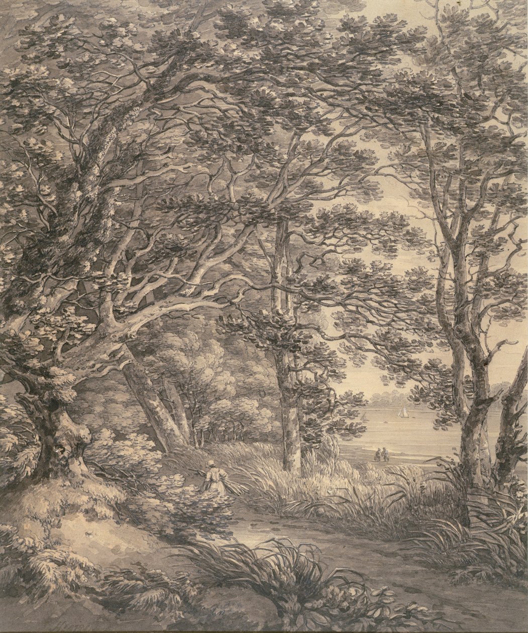 Elvelandskap med figurer (gråvask og grafitt på papir) av Thomas Hearne