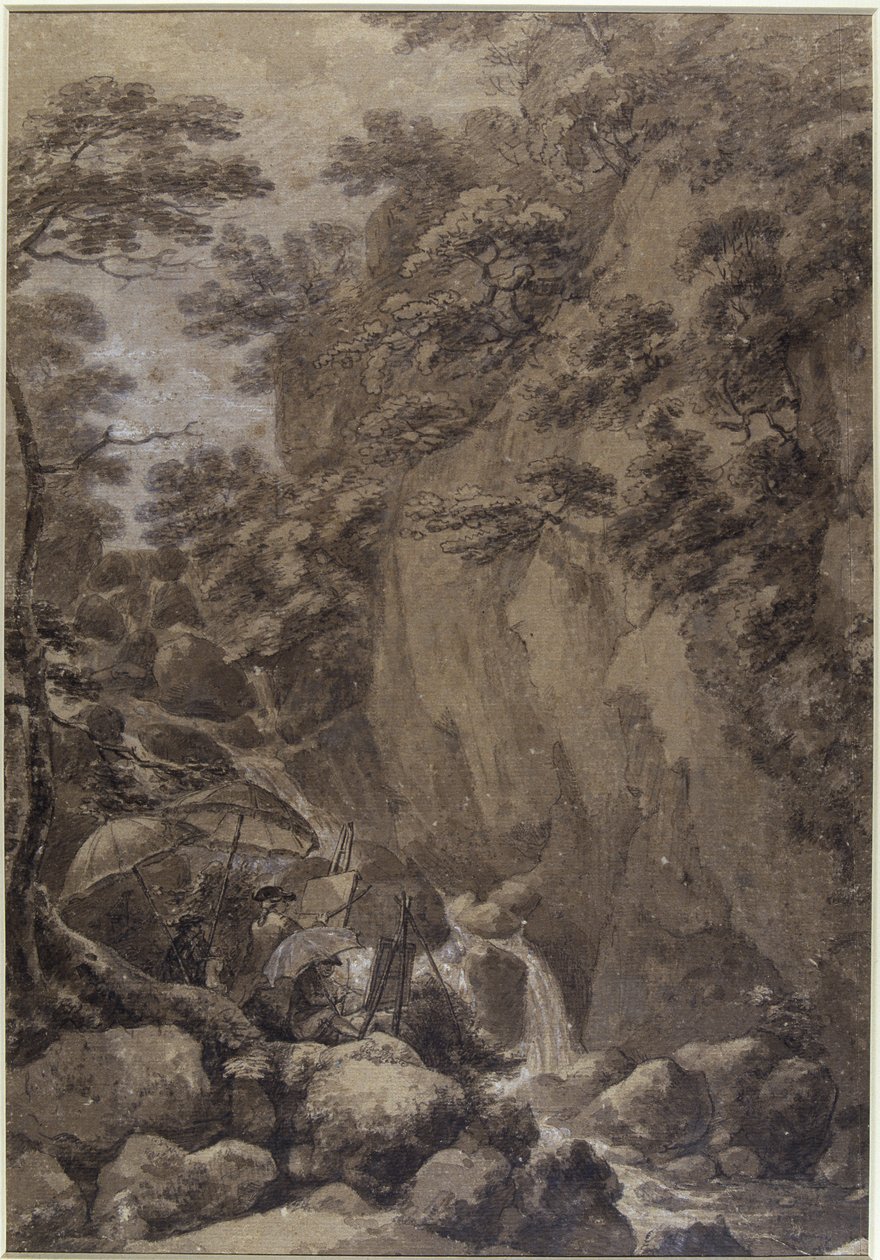 Sir George Beaumont og Joseph Farington maler en foss, 1777 (penn og blekk med vask på papir) av Thomas Hearne