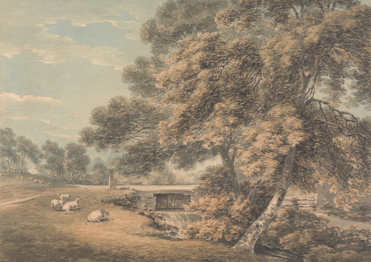 Trærne og elven i parken ved Coleorton Hall, Leicestershire av Thomas Hearne