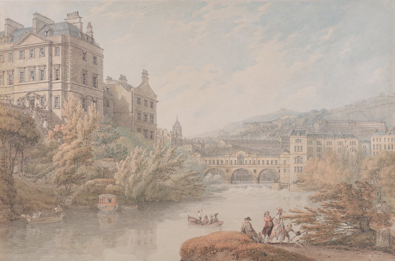 Utsikt over Bath fra Spring Gardens (wc med penn og grått blekk over grafitt på vevd papir) av Thomas Hearne