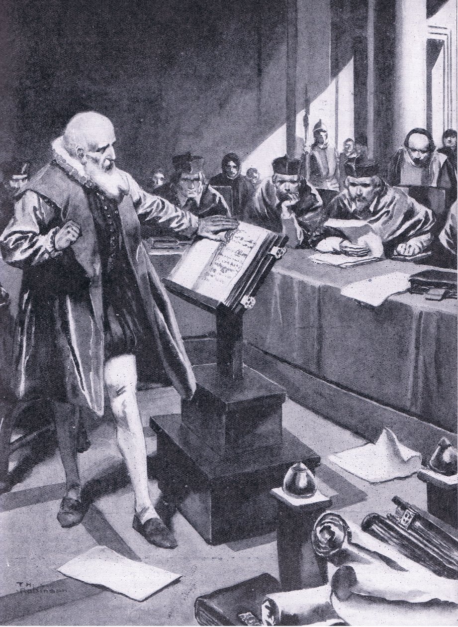 Galileo viser seg for kardinalene i Roma, illustrasjon fra «Cassells romanse om berømte liv», ca. 1940 (lito) av Thomas Heath Robinson