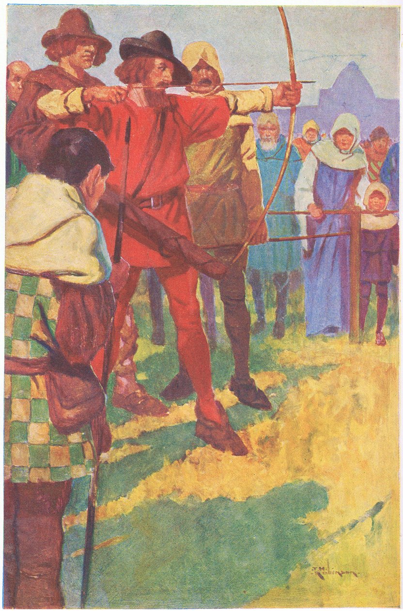 Han holdt buen i posisjon et kort øyeblikk, og slapp deretter strengen (fargelitografi) av Thomas Heath Robinson