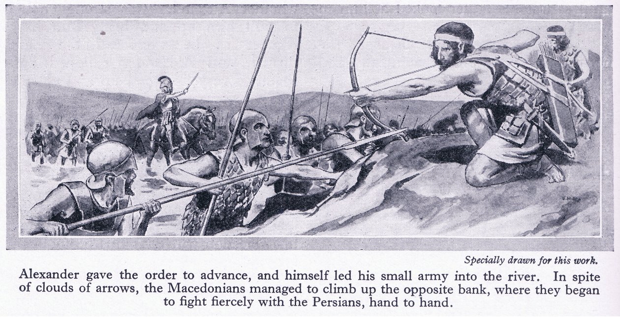 Hvordan Aleksander vant sitt imperium: Darius, konge av Persia, samlet en stor hær som ble beseiret av makedonerne i 334 f.Kr., ca. 1950 (litografi) av Thomas Heath Robinson