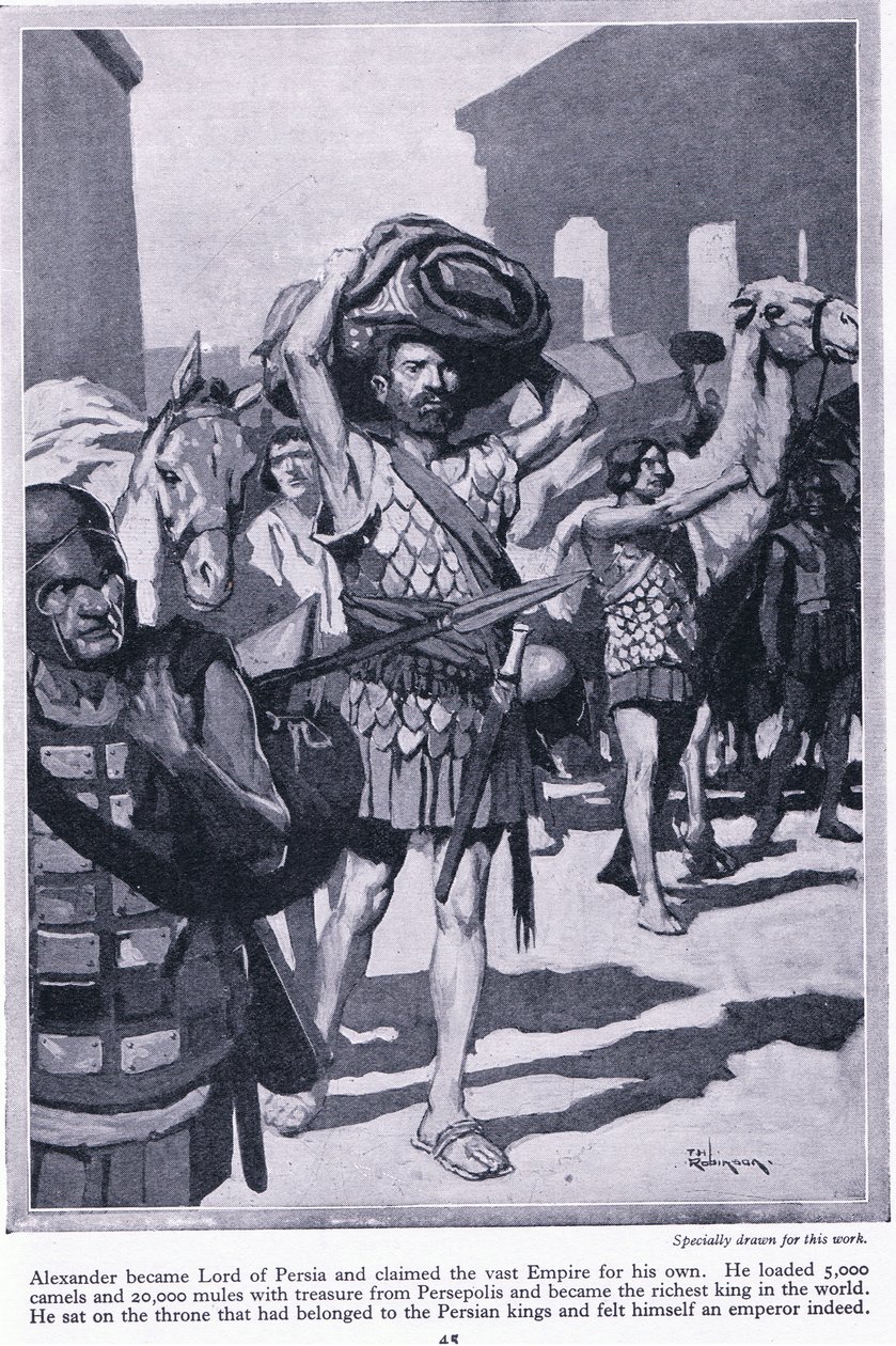 Plyndring av en skatteby: Aleksander ble herre over Persia. Han lastet alle skattene fra Persepolis for å bli svært rik, ca. 1950 (lito) av Thomas Heath Robinson