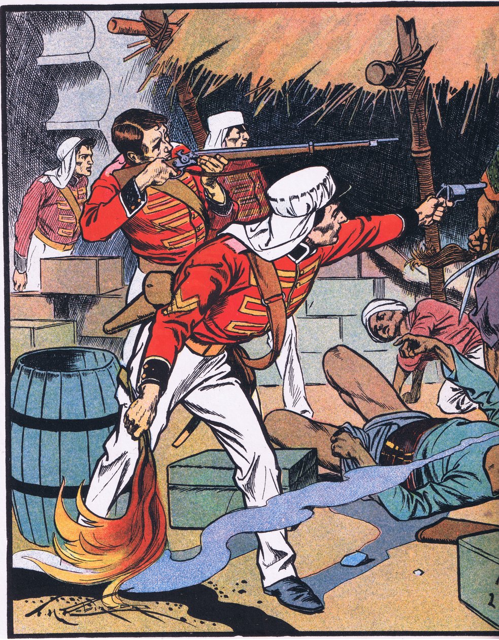 Ødeleggelsen av magasinet i Delhi (fargelitografi) av Thomas Heath Robinson