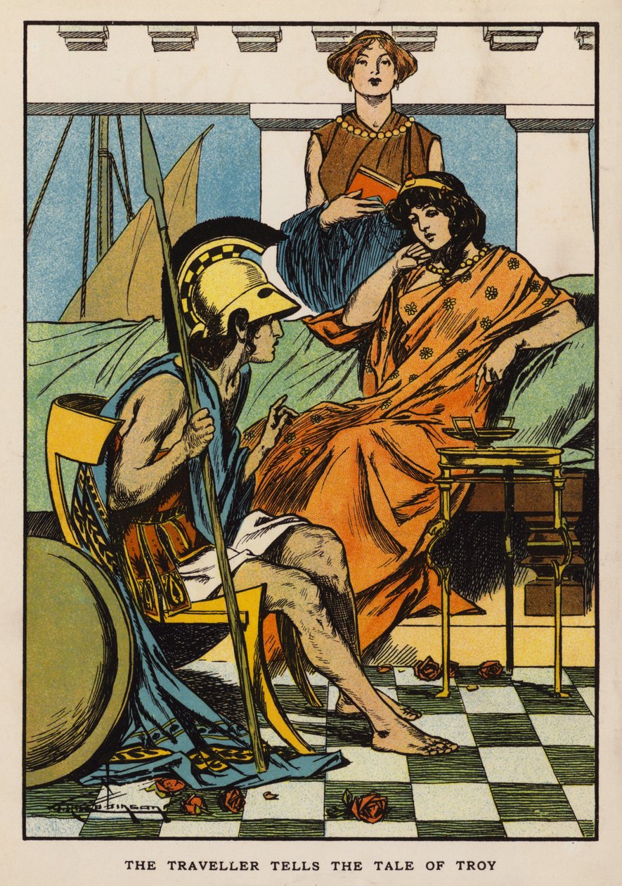 Den reisende forteller historien om Troja (fargelitografi) av Thomas Heath Robinson