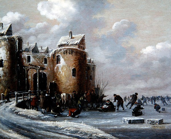 Et vinterlandskap med skatere ved et befestet porthus av Thomas Heeremans