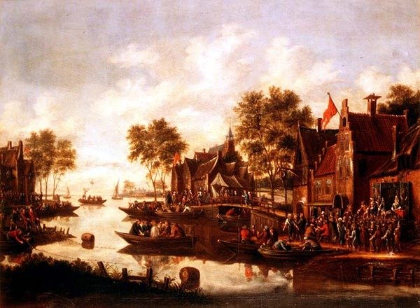 En landsbykermesse med spillere på en scene ved et vertshus og menn som drikker i båter av Thomas Heeremans