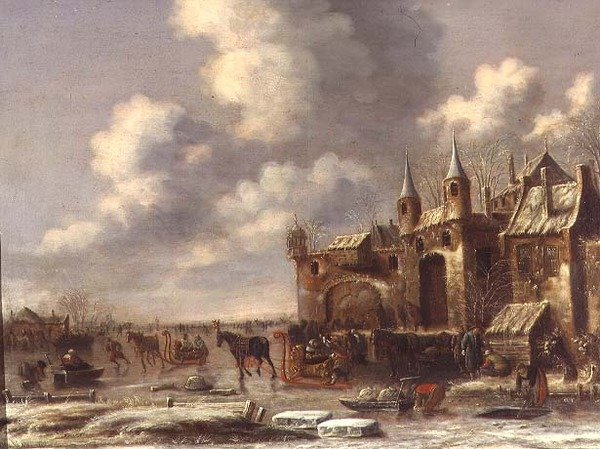 Byfolk på isen ved en byport av Thomas Heeremans