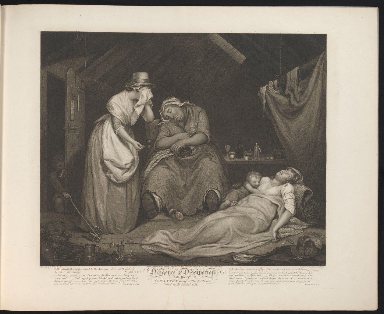 Ydmyk hushjelp besøker den døende løsslupne tjenestepiken Plate 9. The Wanton dieing in Poverty & Disease / Visited by the Modest Girl (tittel på objekt) Dyd og utskeielser (serietittel) Diligence & Dissipation (serietittel på objekt) av Thomas Hellyer