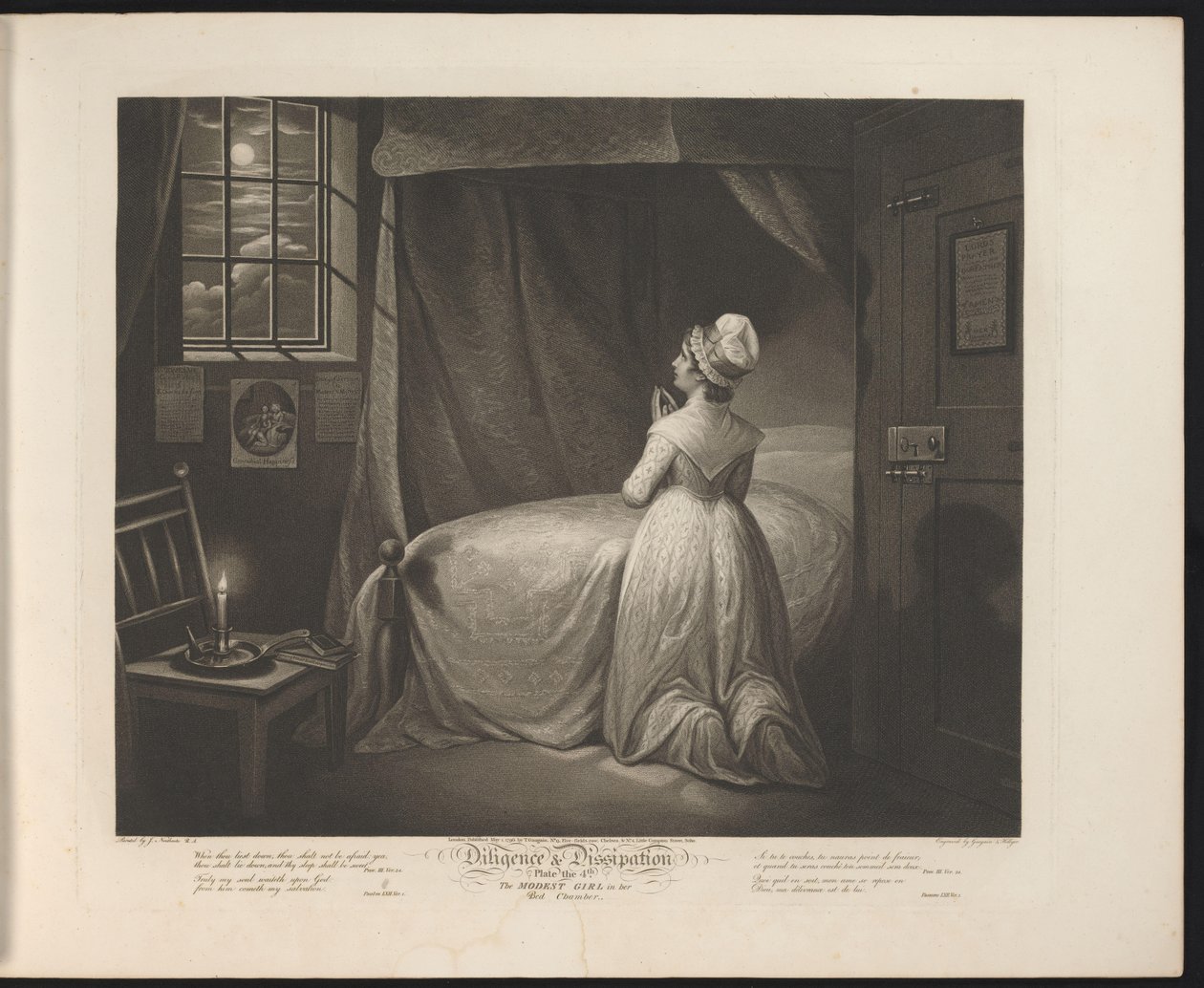 Ydmyk hushjelp ber på soverommet sitt Plate 4. The Modest Girl in the Bed Chamber (tittel på objekt) Dyd og utskeielser (serietittel) Diligence & Dissipation (serietittel på objekt) av Thomas Hellyer