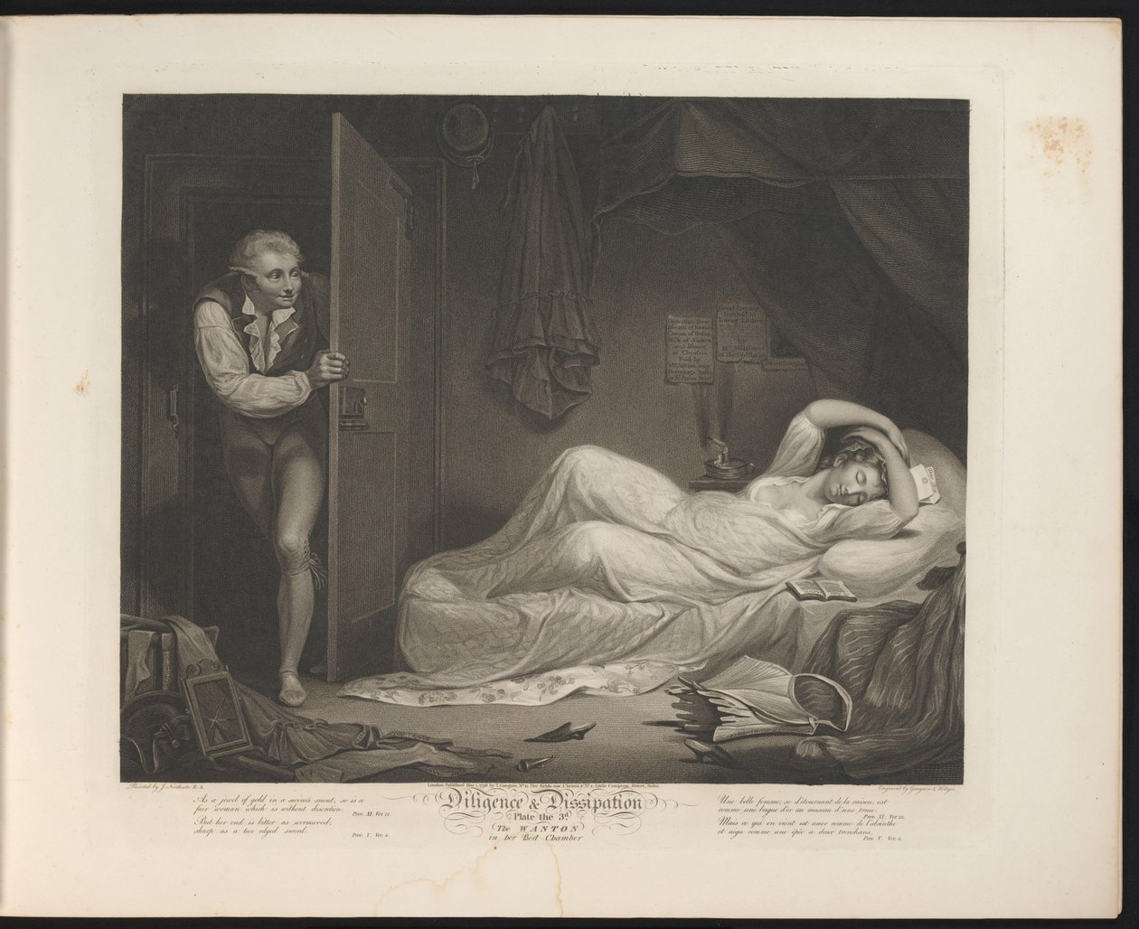 Utskeiende hushjelp sover mens en mann sniker seg inn Plate 3. The Wanton in the Bed Chamber (tittel på objekt) Dyd og utskeielser (serietittel) Diligence & Dissipation (serietittel på objekt) av Thomas Hellyer