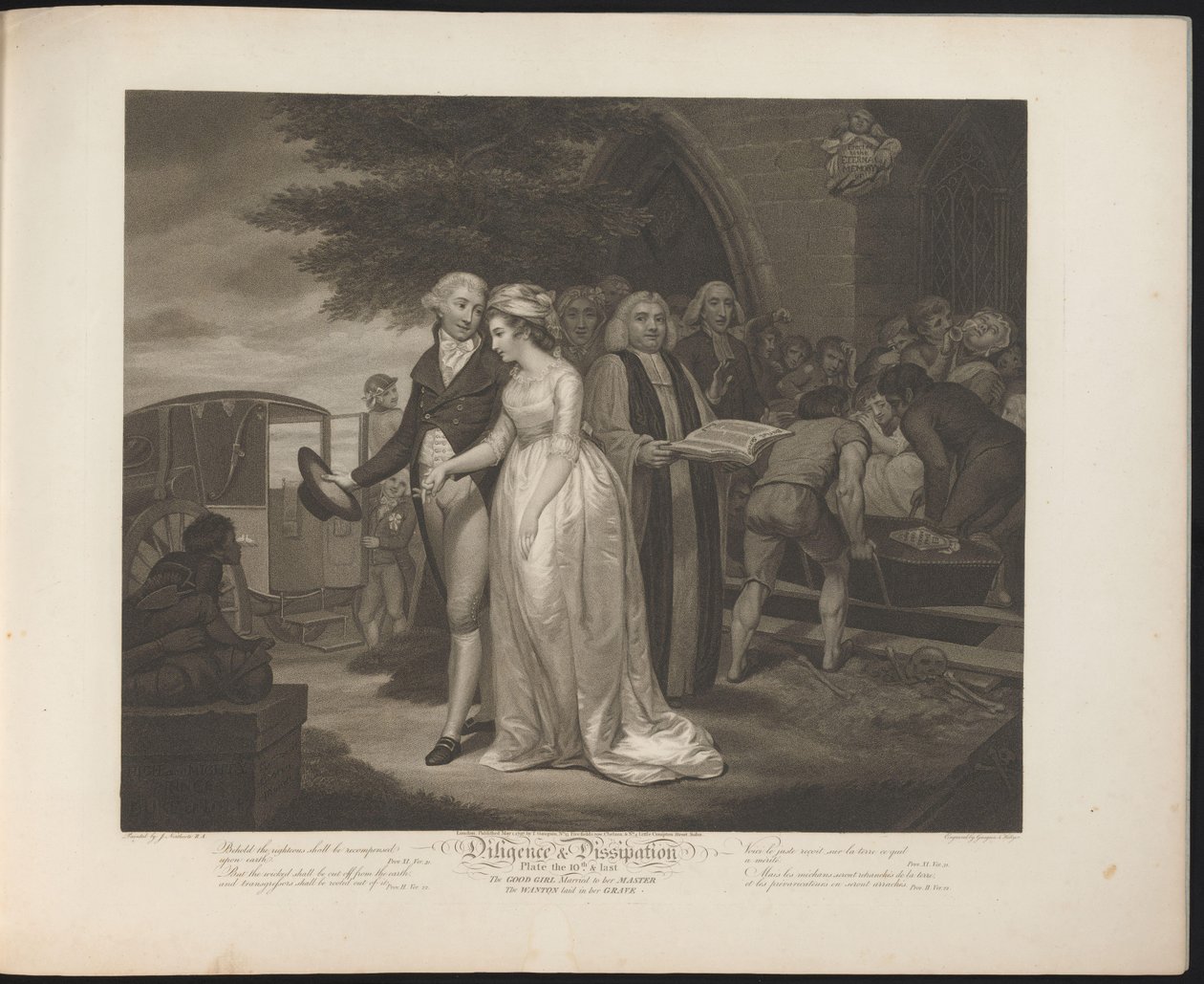 Nygift ydmyk hushjelp går til en vogn mens den utsvevende hushjelpen blir gravlagt Plate 10. The Good Girl Married to her Master / The Wanton laid in her Grave (tittel på objekt) Dyd og utskeielser (serietittel) Aktsomhet av Thomas Hellyer