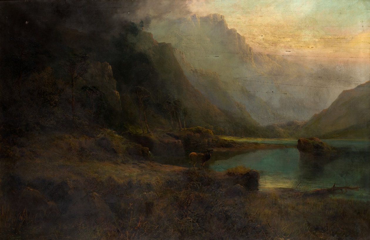 Highland Loch med Stag av Thomas Henry Gibb