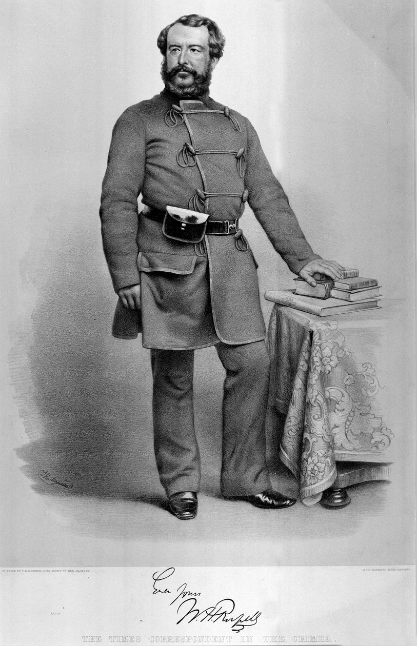 Portrett av W.H. Russell (1820-1907) The Times Correspondent in the Crimea, med en faksimile av autografen hans, utgitt i 1855 av Thomas Herbert Maguire